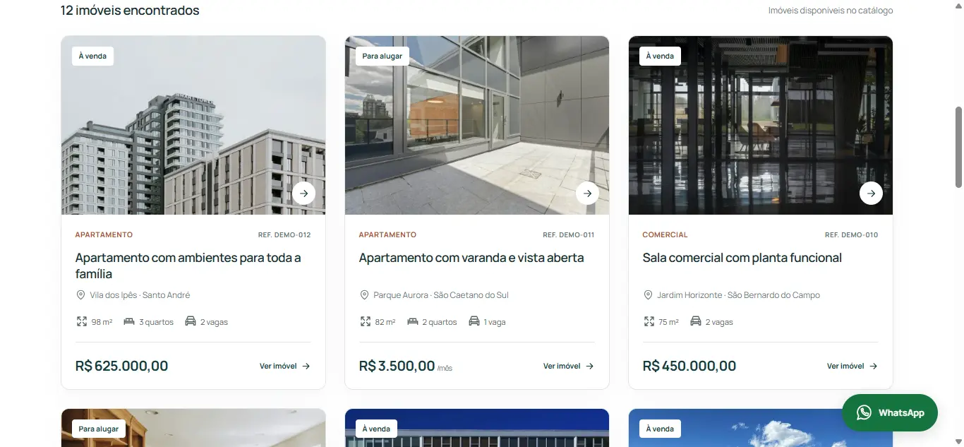 Catálogo real da demonstração com cartões de imóveis